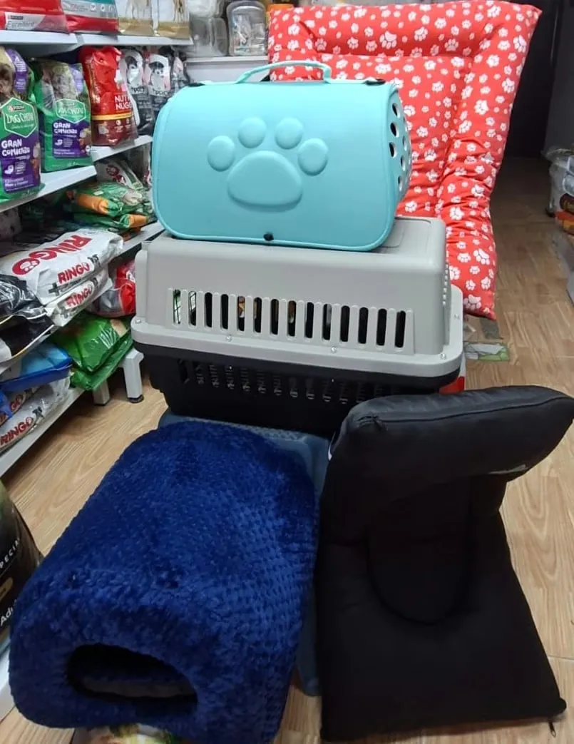 Transportadoras y camas para mascotas en Patitas Pet Shop: transportadora azul con huella de patita, transportadora tipo cabina, cama azul y cama negra tipo iglú